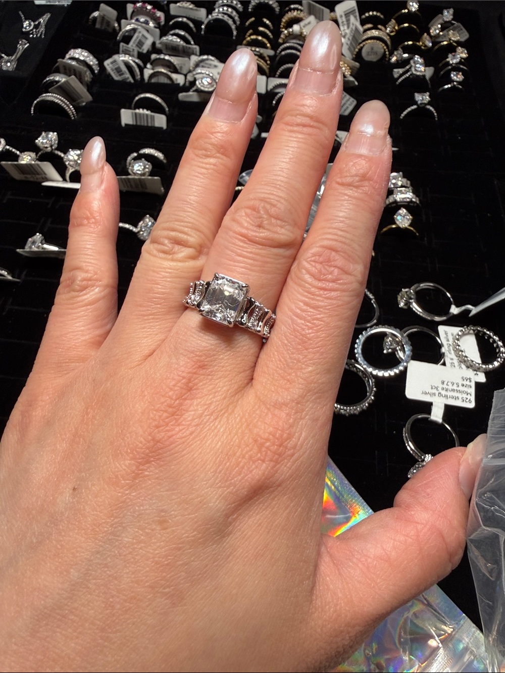 Silver Clear Moissanite Emeral -Stone Statement Ring - Women Jewelry